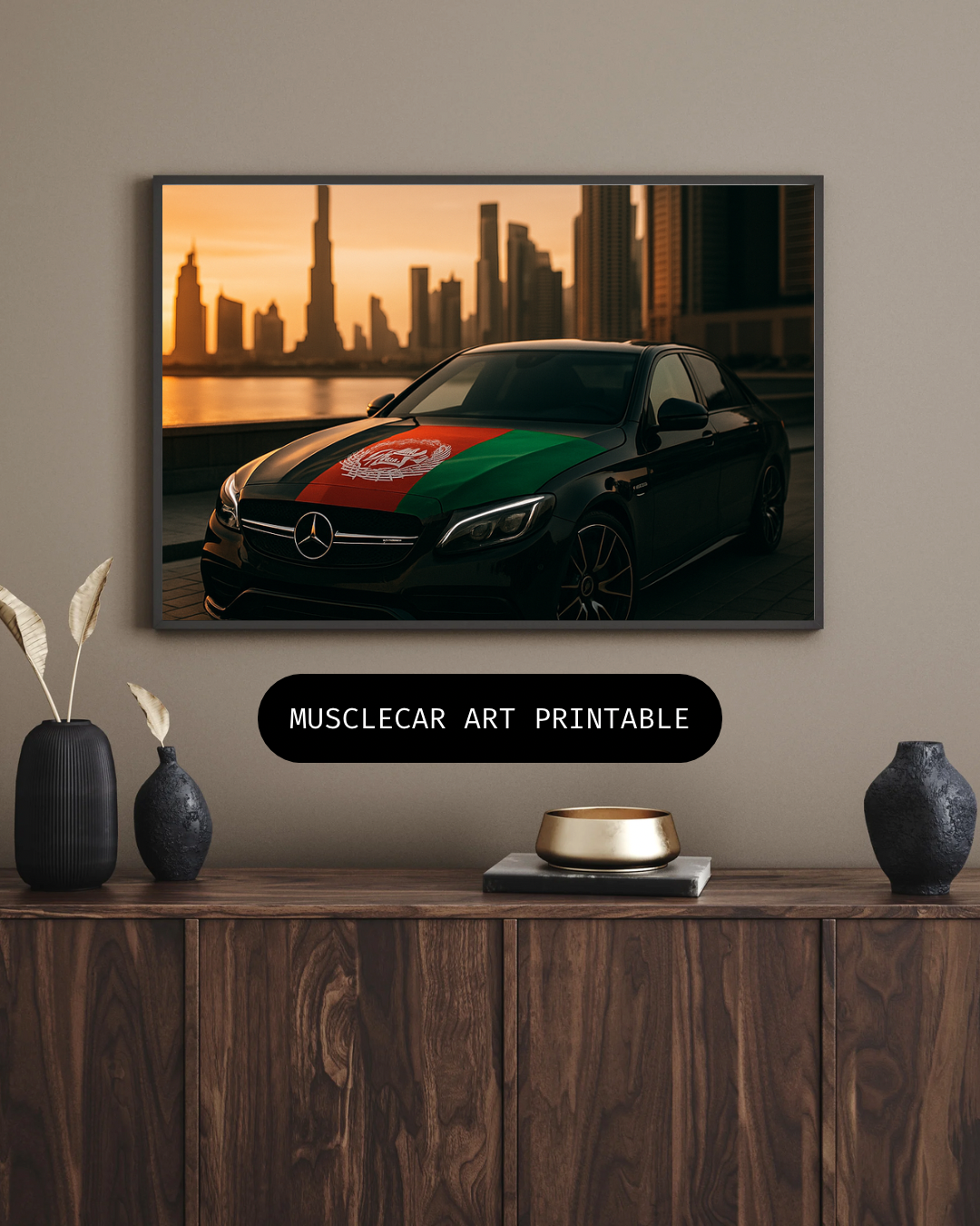 Luxury Sunset Drive – Black Sedan Wall Art Afghanistan