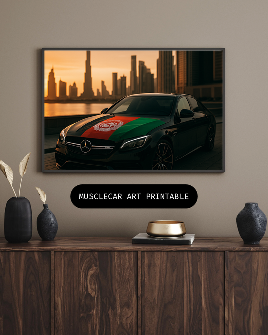 Luxury Sunset Drive – Black Sedan Wall Art Afghanistan