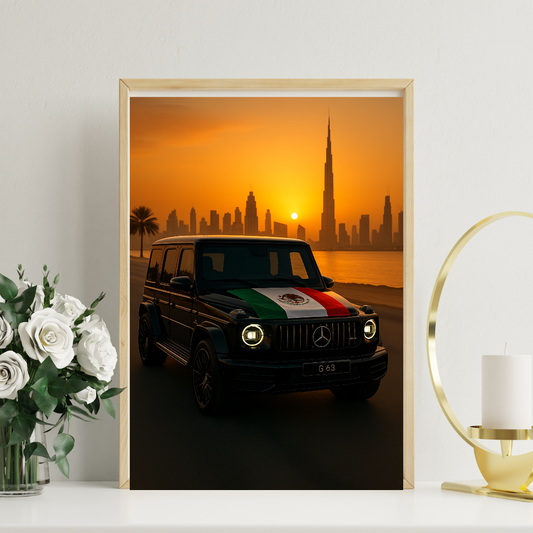 Dubai Sunset Drive – Black Luxury SUV Art Print Mexico