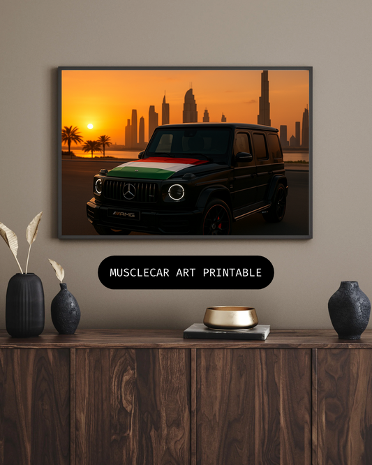 Dubai Sunset Drive – Black Luxury SUV Art Print Hungary
