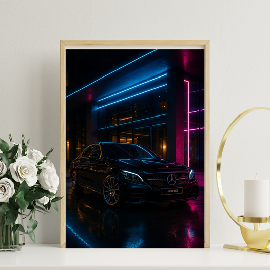 Black City Sedan in Neon Lights – Urban Night Wall Art Download