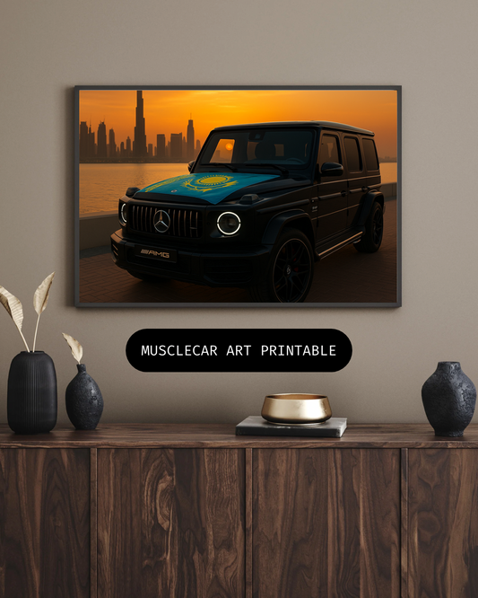 Dubai Sunset Drive – Black Luxury SUV Art Print Kazakh