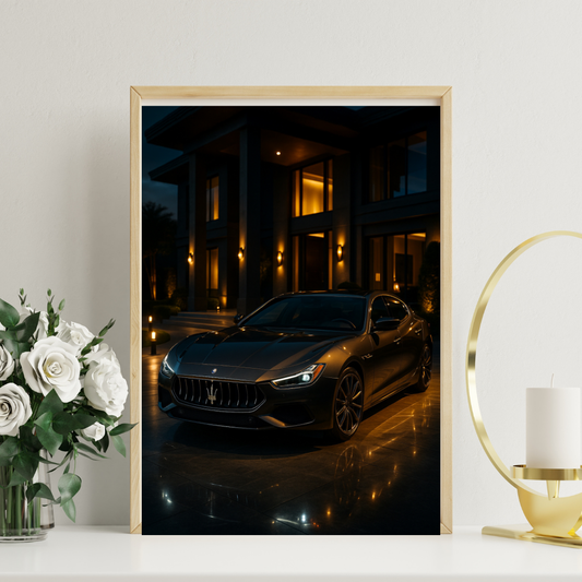 Black Luxury Sedan at Night – Elegant Digital Poster for Premium Interiors
