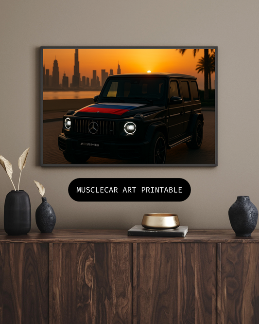 Dubai Sunset Drive – Black Luxury SUV Art Print Russia