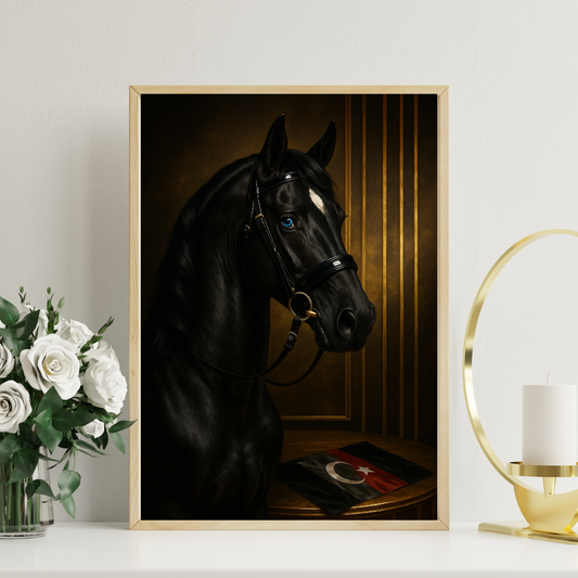 Black Luxury Stallion Wall Art – Digital Horse Portrait with Blue Eyes | High-End Printable Decor