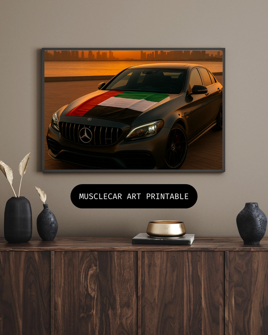 Luxury Sunset Drive – Black Sedan Wall Art UAE