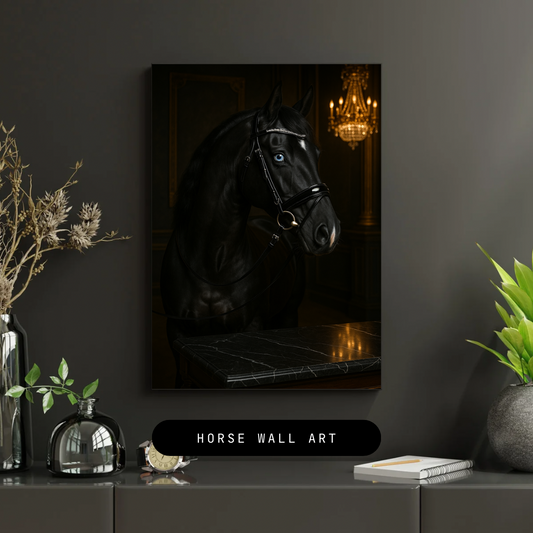 Luxury Black Stallion Portrait with Blue Eyes – Elegant Digital Horse Art Print