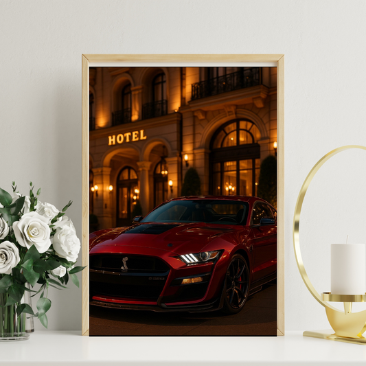Red Muscle Coupe at Grand Hotel – Classy Digital Car Poster