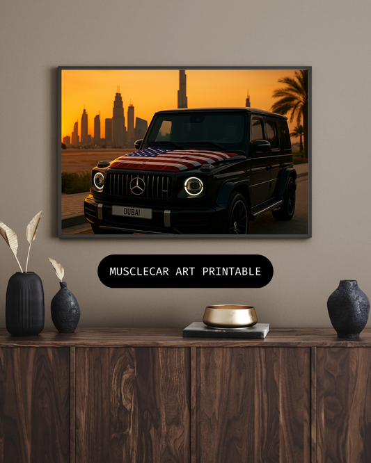Dubai Sunset Drive – Black Luxury SUV Art Print USA