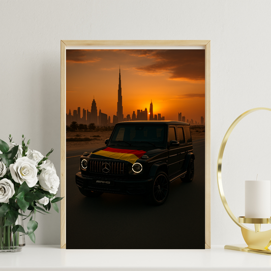 Dubai Sunset Drive – Black Luxury SUV Art Print Germany
