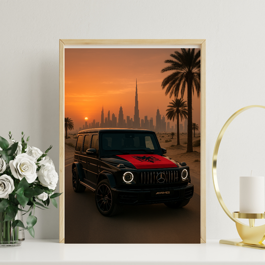 Dubai Sunset Drive – Black Luxury SUV Art Print Albania